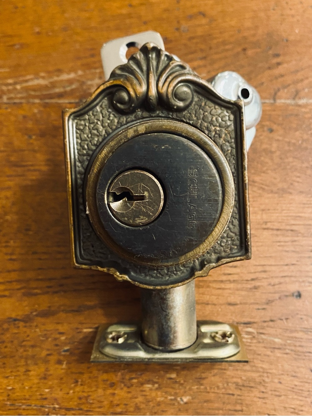 Vintage Schlage Victorian Ornate Deadbolt Lock with Key Antique Brass Salvage